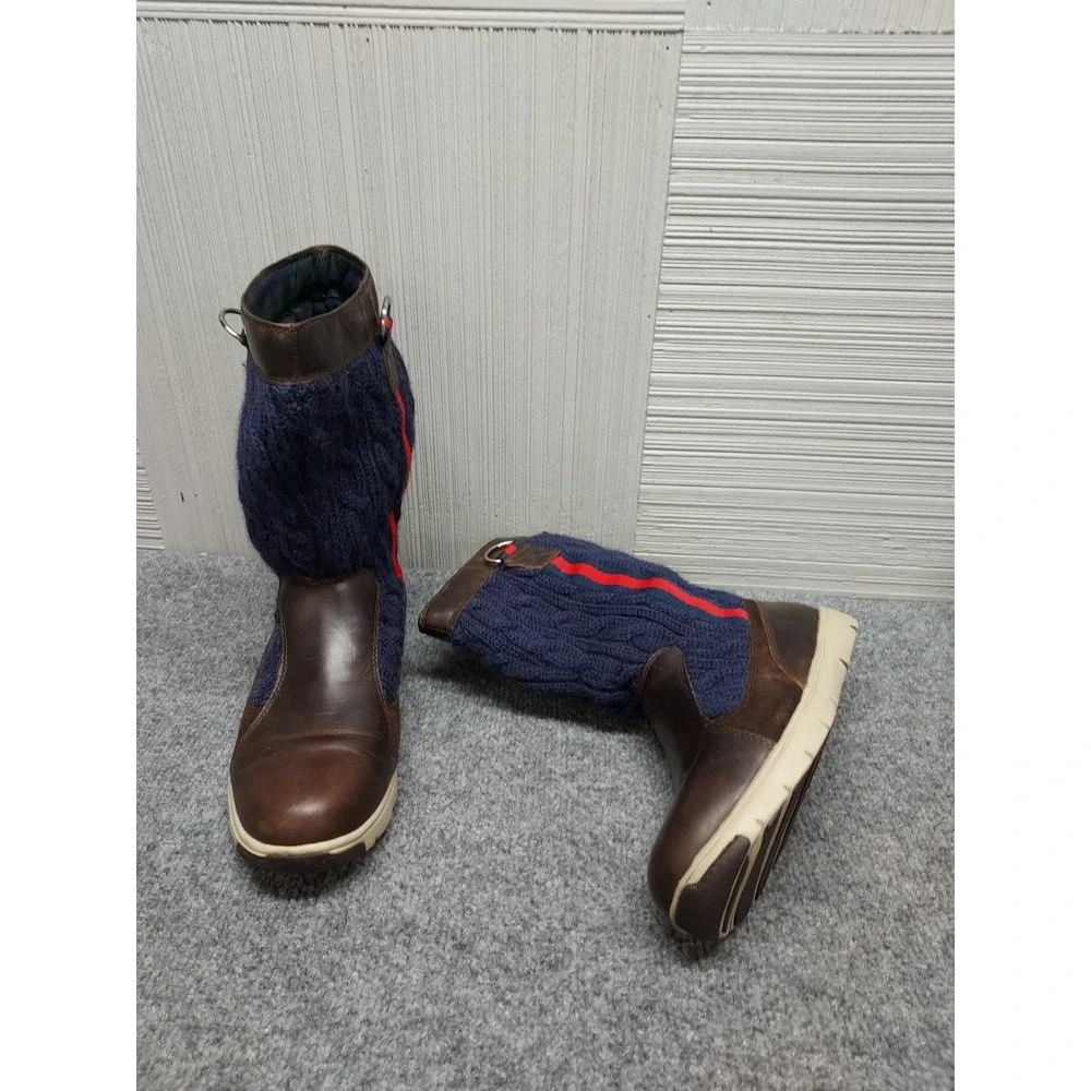 Tommy Hilfiger Men Sweater Boots 8.5M Navy Cable Knit Brown Leather Trim Outdoor